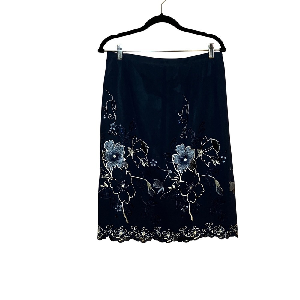 John Meyer Floral Embroidered Skirt Womens 14 Navy Blue Sequin Midi